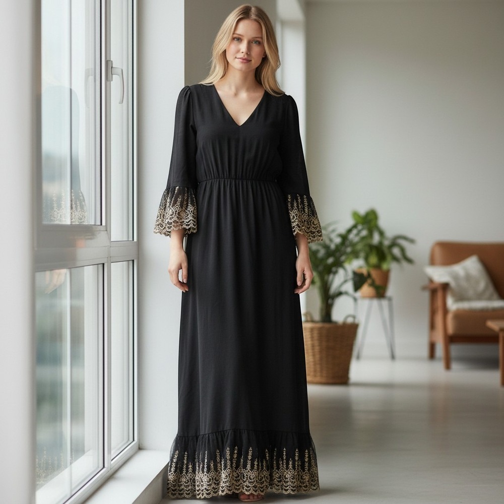 Pomander Place Black Gold Embroidered Maxi Dress V-Neck Bell Sleeve L Victorian